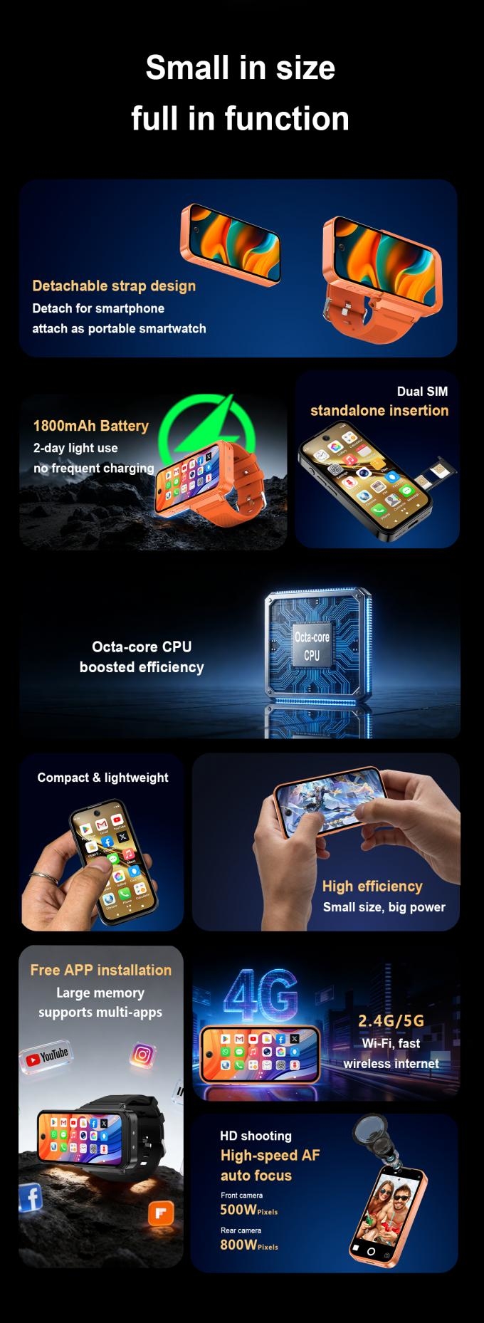 PG999 Smartwatch Phone showing detachable design and interface features